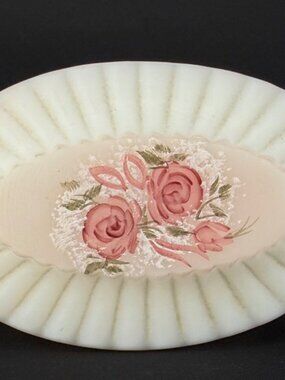 Fenton Ribbed Oval Trinket Box w/ Rose Motif. Signed P Miller